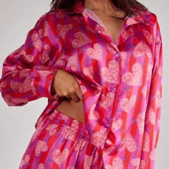 Nasty Gal Stripe Heart Oversized Shirt Pajama Pants Set 1day Final Drop - Picture 3 of 3